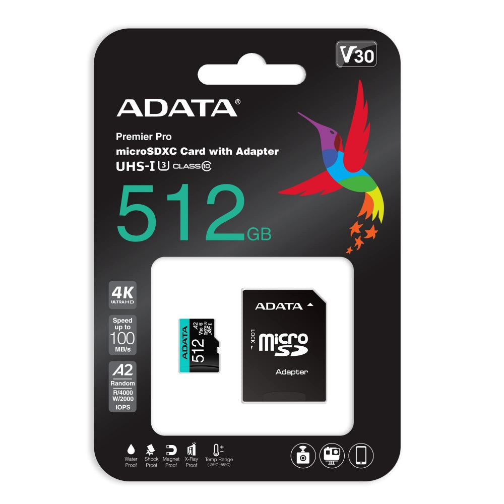 Memoria Adata Micro Sdxc/sdhc 512gb Uhs-i 100mb/85mb Clase 10 V30 A2 C/adaptador (ausdx512gui3v30sa2-ra1)