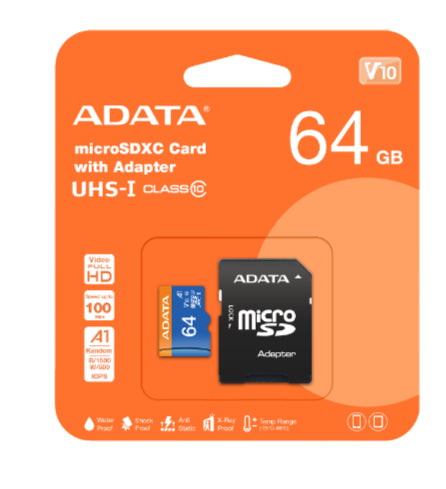 Memoria Adata Micro Sdxc/sdhc 64gb Uhs-i 100mb/25mb Clase 10 V10 A1 C/adaptador (ausdx64guicl10a1-ra1)
