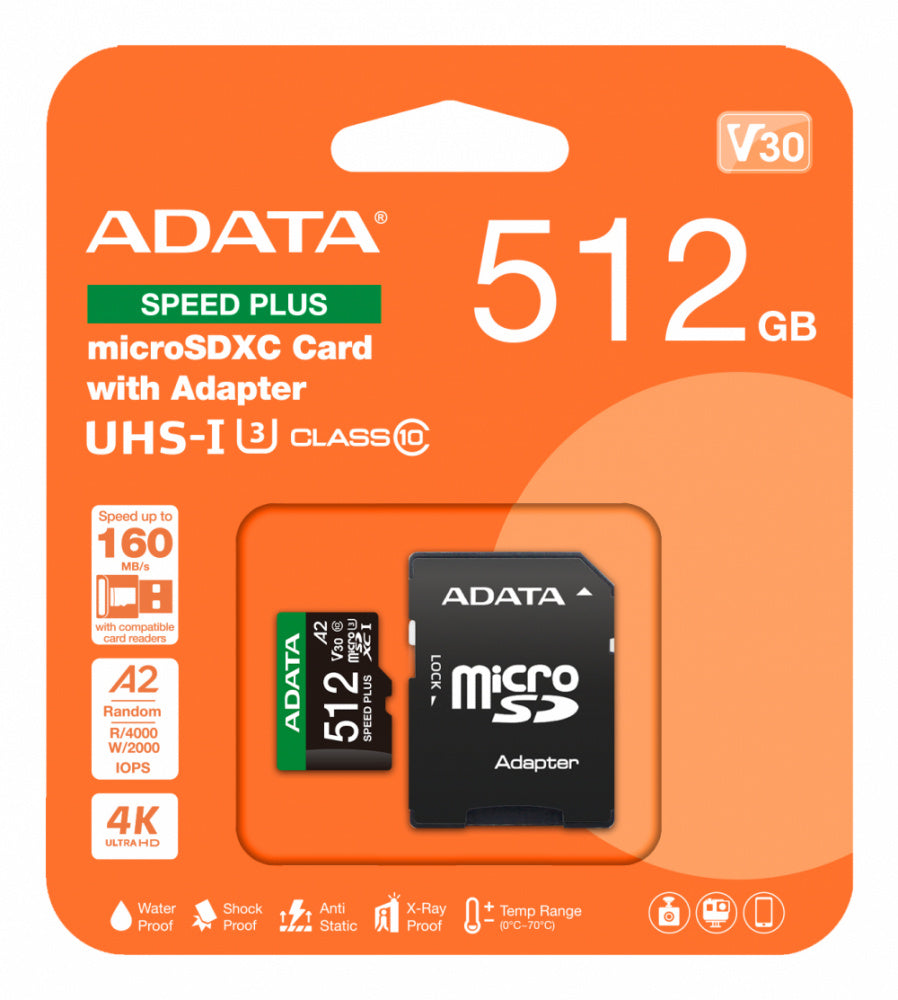 Memoria Adata Microsdxc Speed Plus 512gb Cl10 Con Adaptador (ud512gui3v30a2sp-ra1)