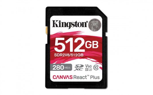 Memoria Flash Sd Kingston Sdxc Canvas React Plus 512gb 280r/150w Uhs-ii U3 V60 (sdr2v6/512gb)