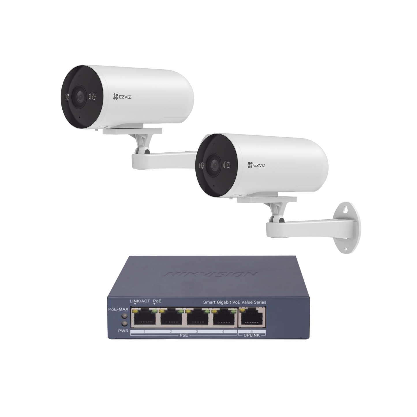 Kit de cámaras WiFi Para Uso en Exterior / 2 piezas CS-H5/3MP/ POE Af / 1 Pieza de Switch DS-3E1505P-EI/M / Vision Nocturna a Color / IP67 / Audio Bidireccional / Luz y Sirena / 4 Puertos 1000 Mbps PoE+ / 1 Puerto 1000 Mbps Uplink