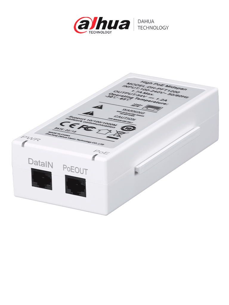 Inyector Poe/ Dahua/ Pft1200 Inyector Hi-poe Midspan Gigabit/ Soporta Poe/poe+/ Soporta Hi-poe 60 Watts Para Ptz/ Indicadores Led De Status