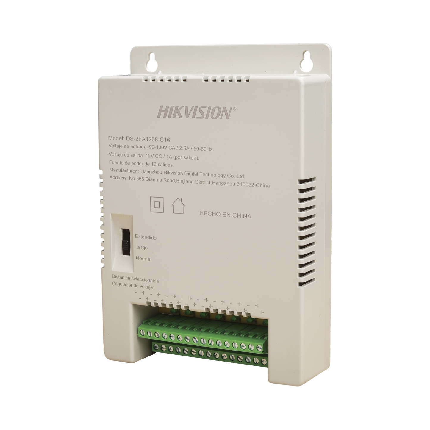 Fuente de Poder Regulada 12 Vcc / 13.5 Vcc / 15 Vcc para 16 Cámaras / 16 Amp (1 Amp por Salida) / Voltaje de Entrada 90 - 130 VCA / Soporta 4K / Modo para Largas Distancias