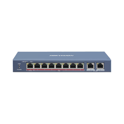 Switch PoE+ / No Administrable / 7 Puertos 10/100 Mbps 802.3 af/at (30 W) / 1 Puerto 10/100 Mbps Hi-PoE (90 W) / 2 Puertos 1000 Mbps Uplink / Modo Extendido hasta 300 Metros / 110 Watts
