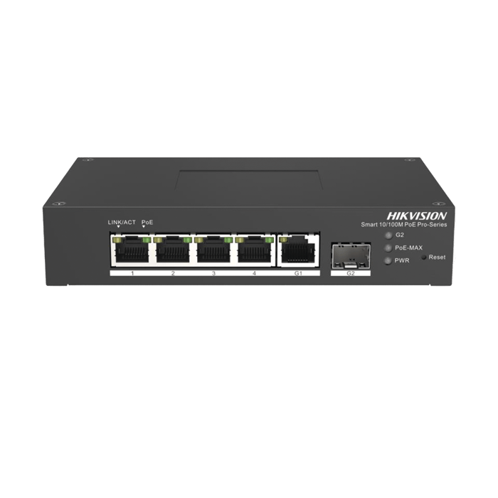 Switch PoE+ / Administrable / 4 Puertos 10/100 Mbps PoE+ / 1 Puerto 1000 Mbps Uplink / 1 Puertos SFP  /  Configuración Nube Hik-PartnerPro / Modo Extendido hasta 300 Metros / 60 Watts