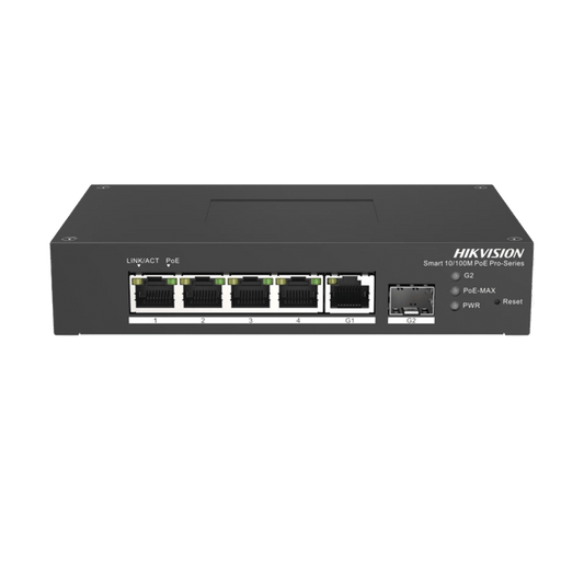 Switch PoE+ / Administrable / 4 Puertos 10/100 Mbps PoE+ / 1 Puerto 1000 Mbps Uplink / 1 Puertos SFP  /  Configuración Nube Hik-PartnerPro / Modo Extendido hasta 300 Metros / 60 Watts