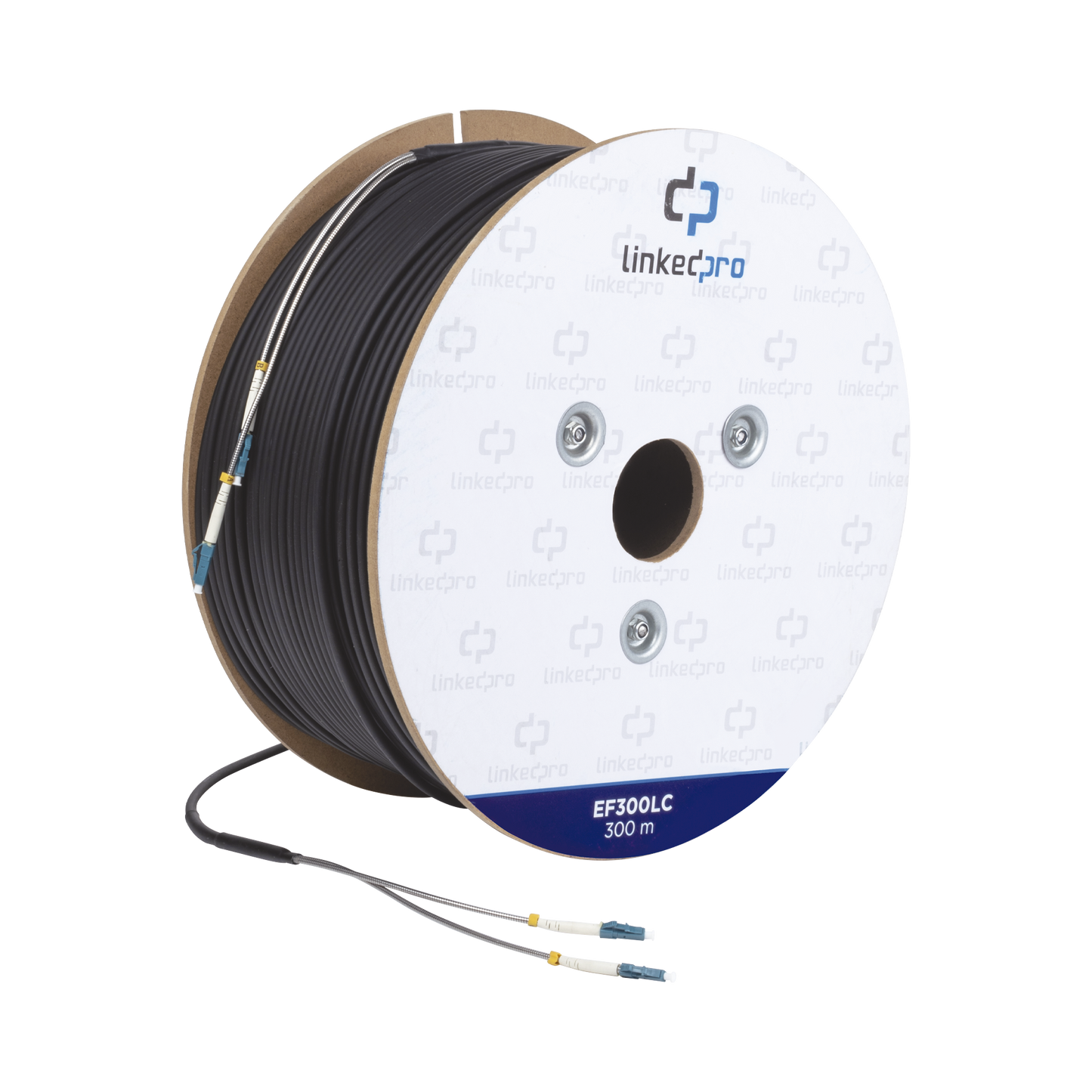 Carrete de Fibra Óptica Monomodo con conectores LC-LC Duplex, Reforzada con Kevlar, de 300 metros, Para instalaciones subterráneas por tubería