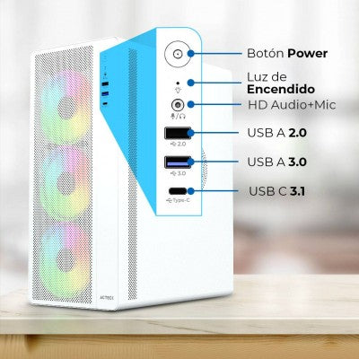 Gabinete Acteck Essen Pro X Gm767 / Media Torre / Atx - M-atx - Itx / Iluminacion Rainbow / Lateral Cristal Templado / Ventiladores Incluidos / No Incluye Fuente De Poder / Blanco / Ac-941716