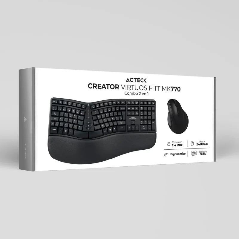 Kit Acteck Creator Virtuos Fitt Mk770 / Teclado Y Mouse Vertical / Inalambrico / Receptor Usb / Recargable / 118 Teclas / EspaÑol / Multimedia / Optico / 2400 Dpi Ajustable / Negro / Ac-936248