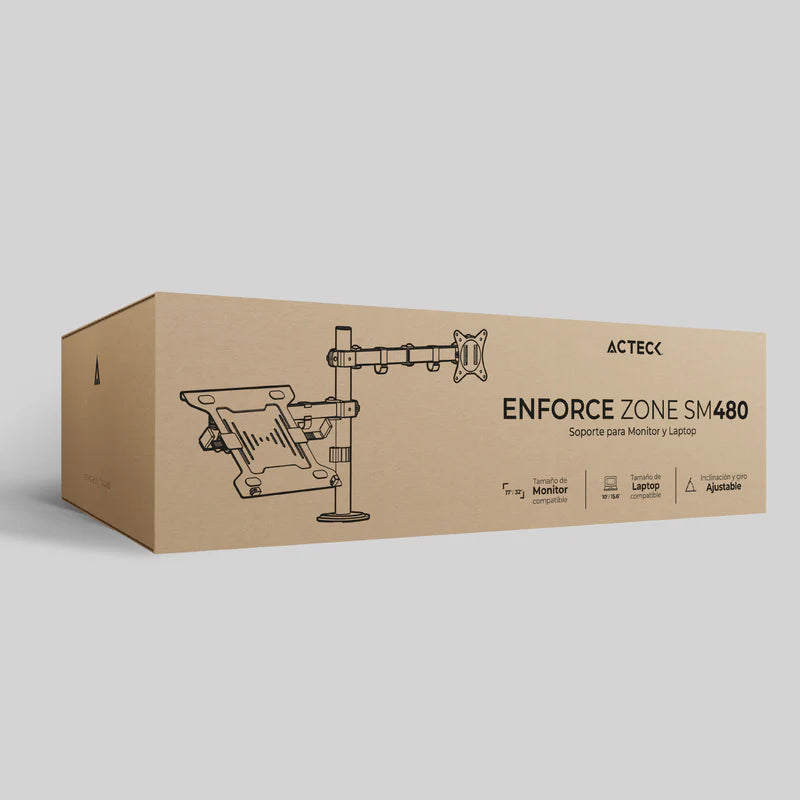 Soporte Acteck Enforce Zone Sm480 / Para Monitor 17-32 Pulg Y Laptop 10-15.6 Pulg / Articulado / Para Escritorio / Inclinacion Y Giro Ajustable / Max 9kg Monitor - 4 Kg Lap / Negro / Ac-939652