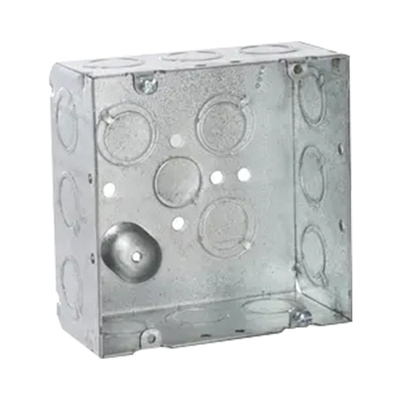 Caja Cuadrada 4 11/16 x 4 11/16"/ Profundidad de 2- 1/8"/ Cuenta 1 Entrada de 1/2" y 15 TKO (1/2"-3/4").