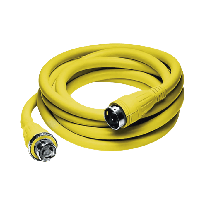 Conjunto de Cable con Extremos Macho y Hembra / 50 A 125/250 V CA / 3 Polos 4 Hilos / Color Amarillo / Grado Marino.