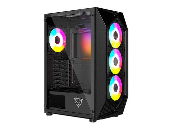 Gabinete Ocelot Gaming Polygon-e5 / Mid Tower / Atx, M-atx, Itx / Panel Lateral De Cristal Templado Y Frontal En Mesh / Incluye 4 Ventiladores / Enfriamiento Liquido Hasta 240mm / Gpu Hasta 295mm / Color Negro