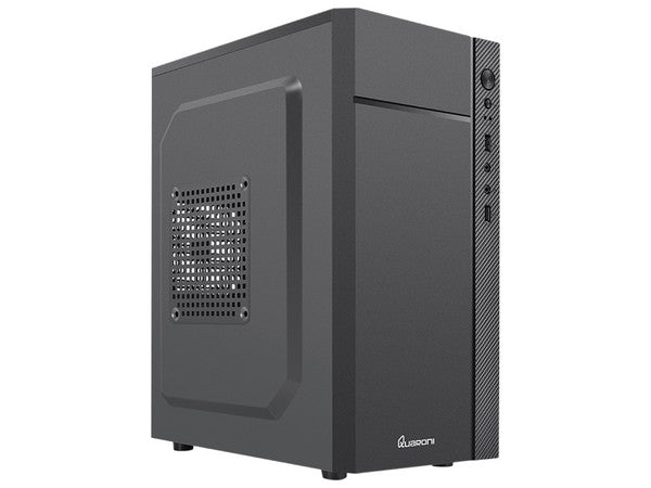 Gabinete Quaroni Frente Abs, Negro Con Franja Tipo Fibra De Carbono, Micro Atx / Mini Itx, Fuente De Poder Incluida De 500w