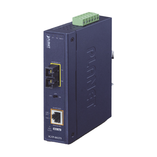 Convertidor de medios industrial PoE+ 1000BASE-LX a 10/100/1000BASE-T 802.3at (SC,SM) -20 km