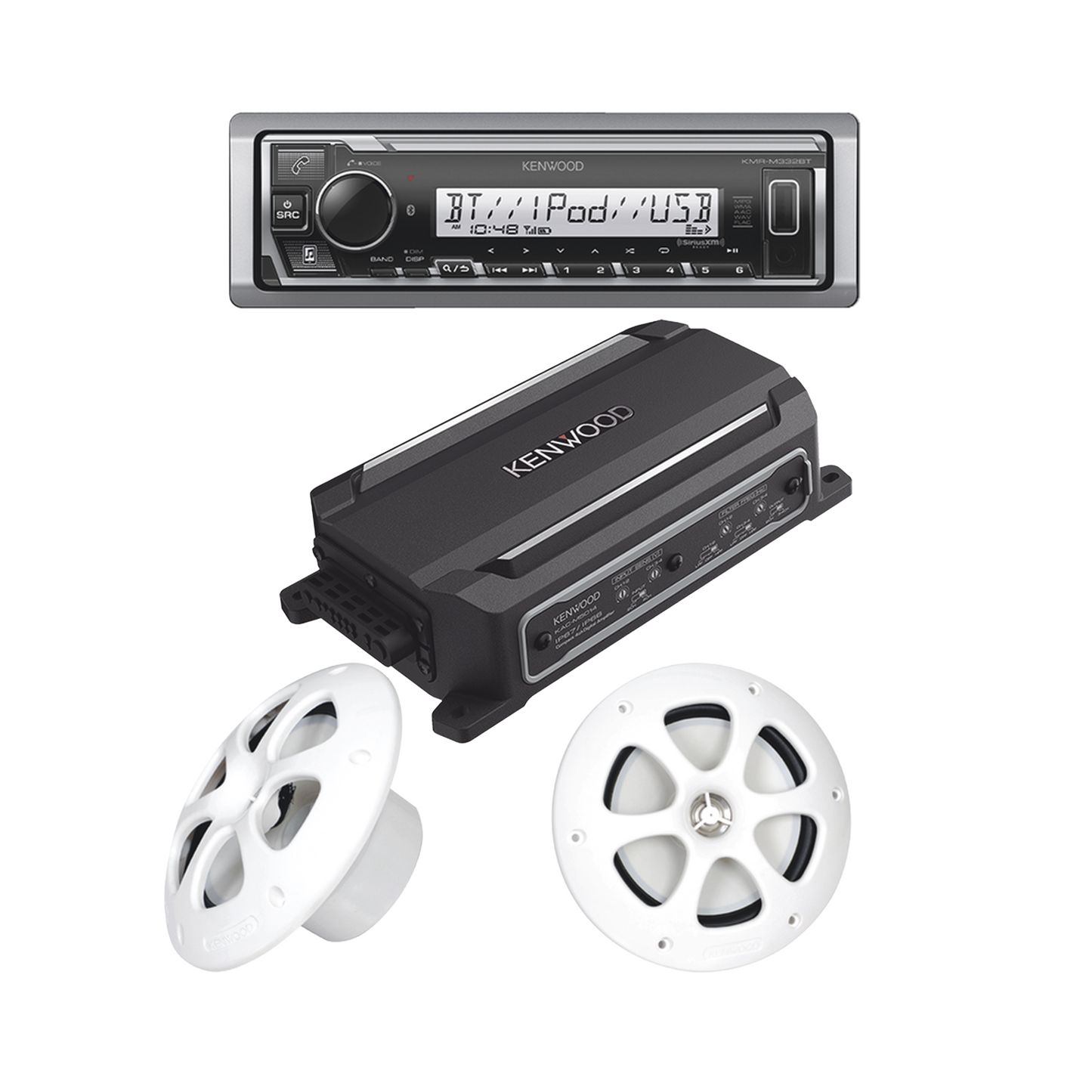 Kit de estereo con Bluetooth KMR-M332BT | Amplificador KAC-M5014 | mas Par de bocinas KFC-1613MRW