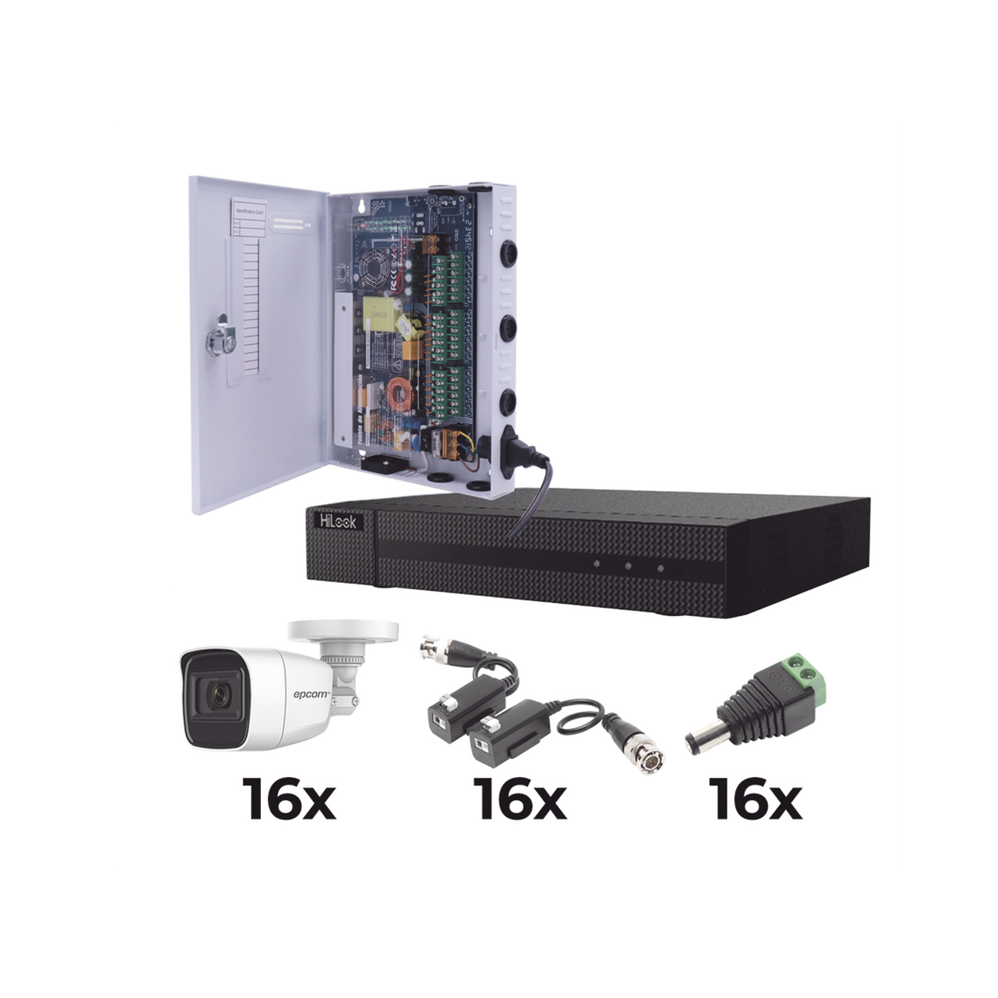 KIT TurboHD 1080p / DVR 16 Canales / 16 Cámaras Bala Policarbonato con Microfono (exterior 2.8 mm) / Transceptores / Conectores / Fuente de Poder Profesional