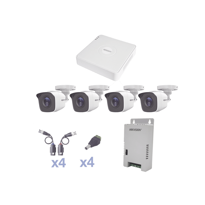 KIT TurboHD 1080 Lite / DVR 4 Canales / 4 Cámaras Bala (exterior 2.8 mm) / Transceptores / Conectores / Fuente de Poder Profesional