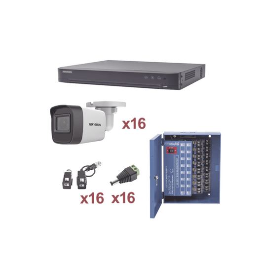 KIT TurboHD 1080p / DVR 16 Canales / 16 Cámaras Bala (exterior 2.8 mm) / Transceptores / Conectores / Fuente de Poder Profesional