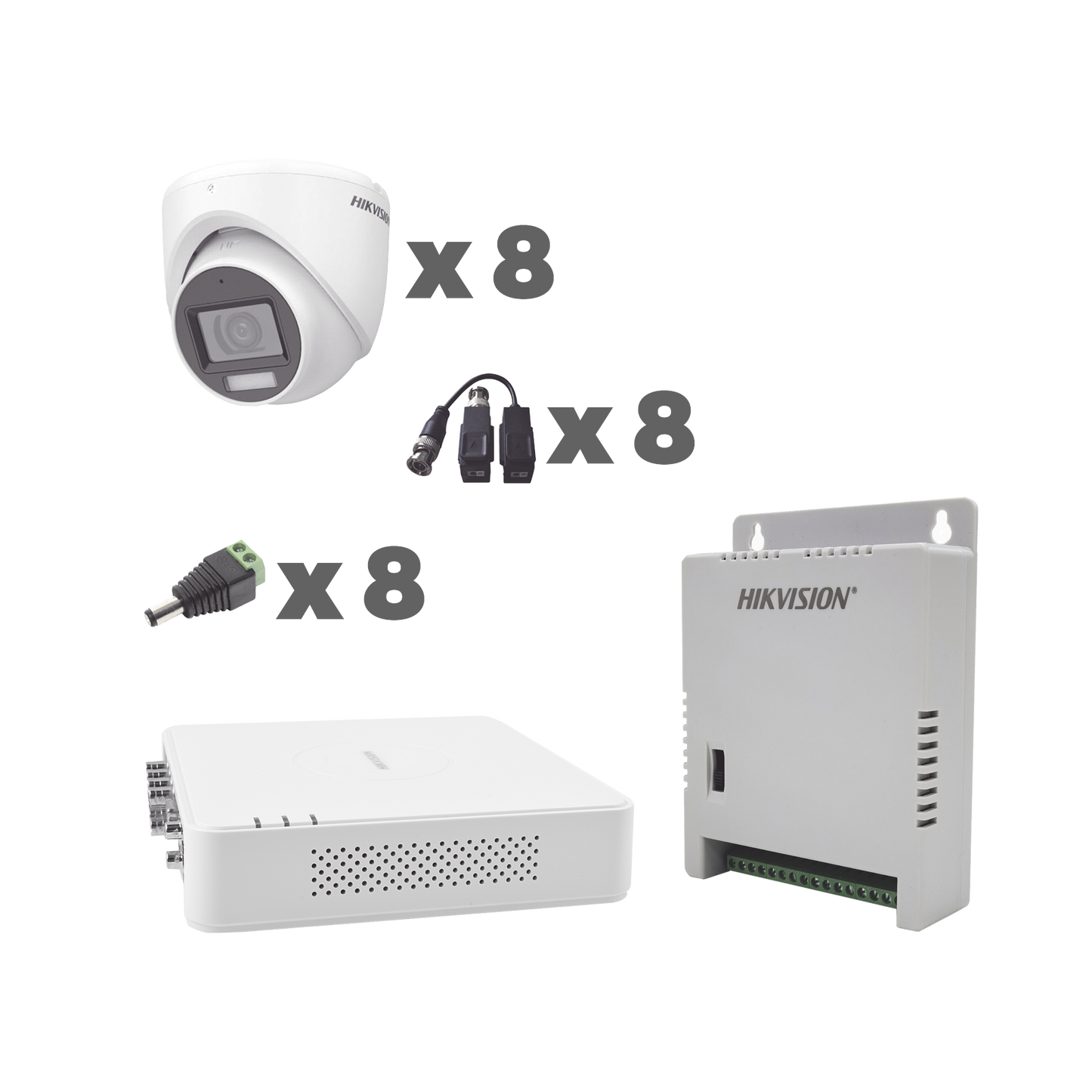 KIT TurboHD 1080p / DVR 8 Canales con audio por coaxitron / 8 Cámaras con Micrófono Integrado 101° Visión/ luz blanca + IR visión nocturna / Transceptores / Conectores / Fuente de Poder Profesional