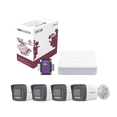 Kit Ip 4 Megapixel / Nvr De 4 Canales Con 4 Puertos Poe / 4 Cámaras Ip Bala Dual Light (ir + Luz Blanca) Con Microfono Integrado Y Acusense Lite Para Exterior/ Bobina De Cable De 100 Mts / Ssd De 1 Tb