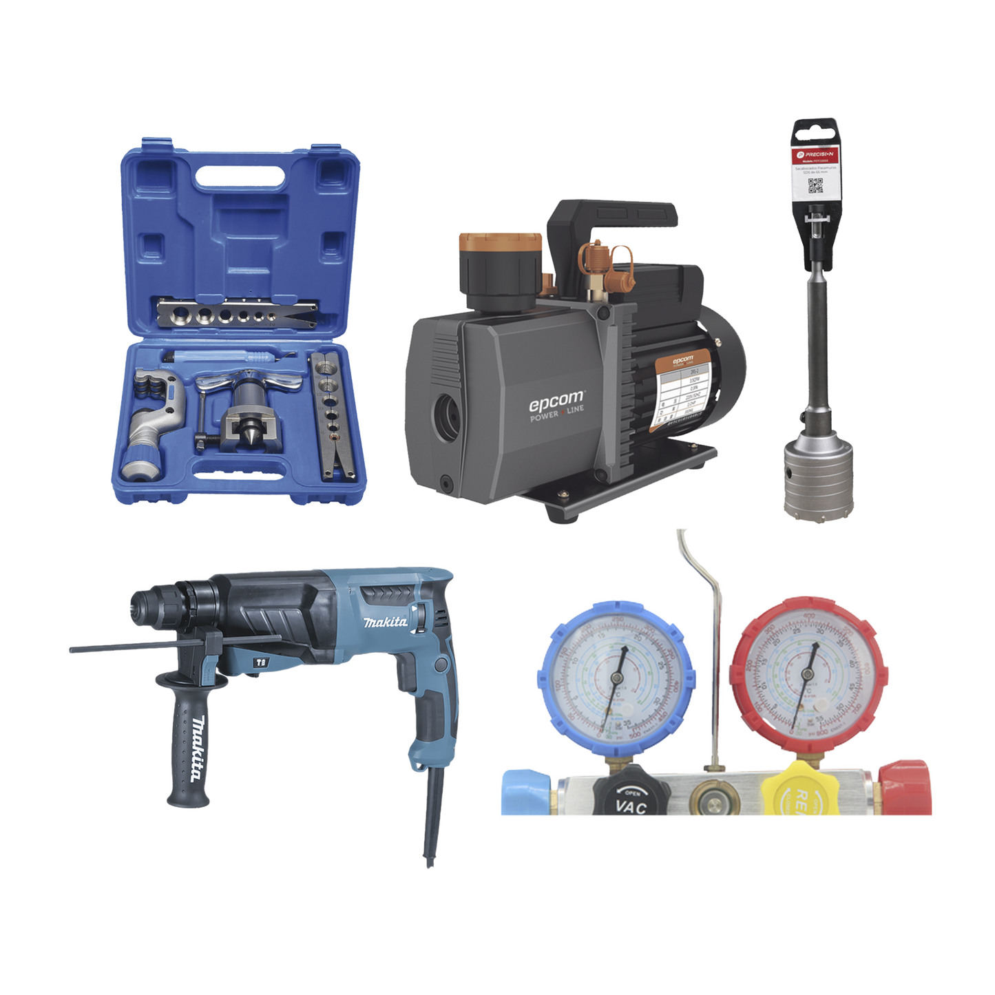 Kit profesional / Mini split / Bomba de vacío 2RS-2R-R32 / Manómetro HBSBZ6 / Kit Abocardado CT809 / Rotomartillo HR2630 / Broca PSTC02003