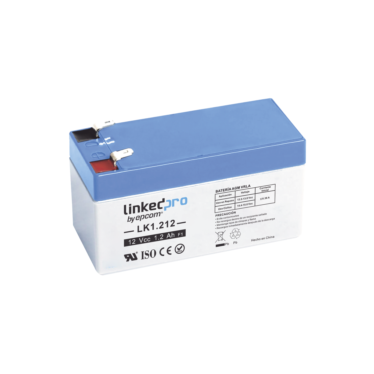 Batería 12 V / 1.2 Ah / UL / 5 Años vida útil promedio / Para uso en equipo electrónico /Alarmas de Intrusión / Incendio/ Control de acceso / Video Vigilancia / Terminales F1 ( Incluye adaptador para terminal F2 ).