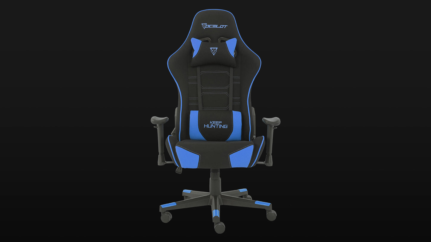 Silla Ocelot Gaming Ost-electric Blue / Tela Automotriz / Base Nylon Ajustable / Descansabrazos 1d / Piston Clase 4 / Reclinable 90-155 Grados / Hasta 150kg / Cojines Lumbar Y Cervical / Color Negro C