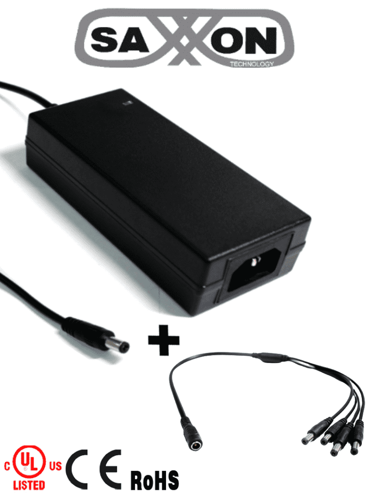 Fuente De Poder Saxxon/ Paquete Fuente De Poder De 12 Vcc 5 Amperes + Divisor Para 4 Camaras/ Para Equipos De Alto Consumo/ Para Usos Multiples: Sistemas De Cctv, Acceso, Asistencia/ CertificaciÓn Ul