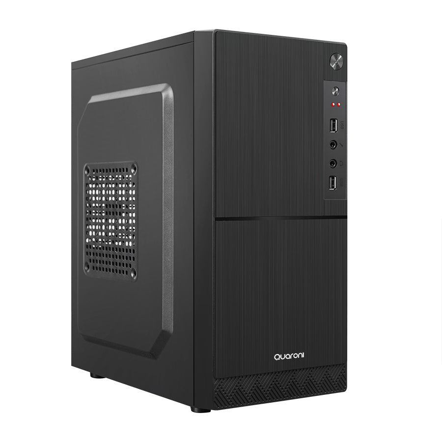 Gabinete Quaroni Frente Abs, Negro Tipo Alumino Cepillado Con Encendido Y Puertos Laterales, Micro Atx / Mini Itx, Fuente De Poder Incluida De 500w