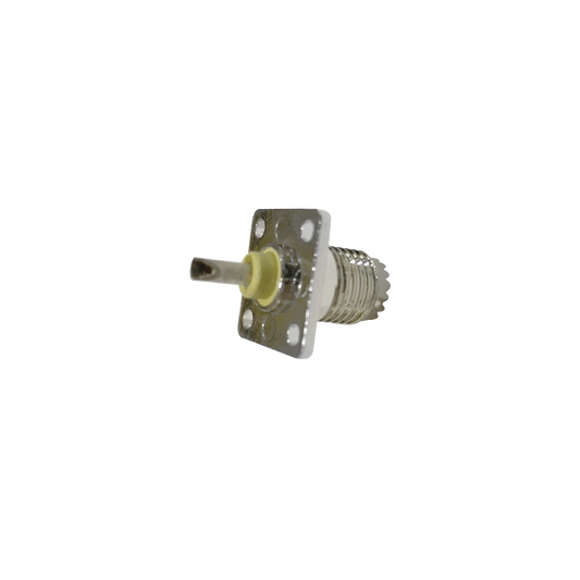 Conector Mini-UHF Hembra, de Montaje en 4 Perforaciones a 13 mm, Níquel/ Oro/ Baquelita.
