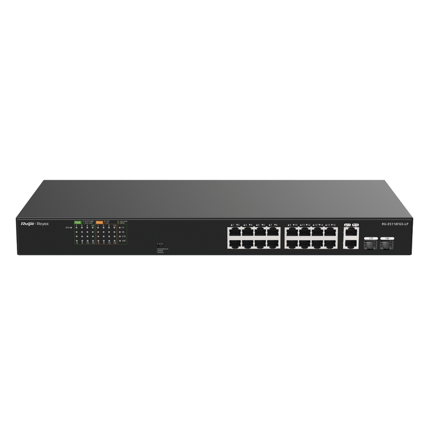 Switch PoE+ 120 Watts, No Administrable Ideal para CCTV, 16 Puertos 10/100, 2 Uplinks Gigabit y 2 SFP, Carcasa Metálica