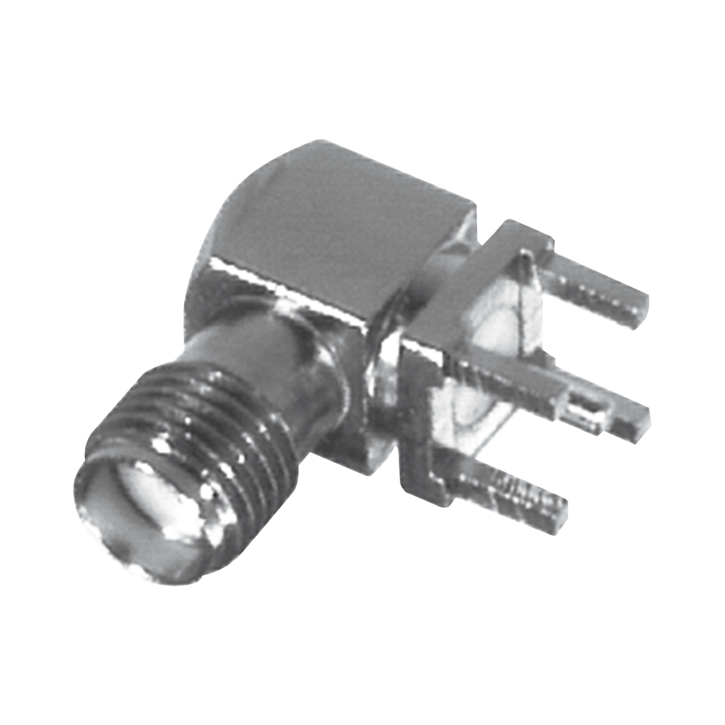 Conector SMA Hembra en Ángulo Recto con Terminal y 4 Patas para Montaje PCB, Níquel/ Oro/ Teflón.???