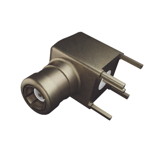 Conector SMB Macho (PIN Hembra) en Ángulo Recto, con Terminal y 4 Patas para Montaje en PCB, Oro/ Oro/ Teflón.???