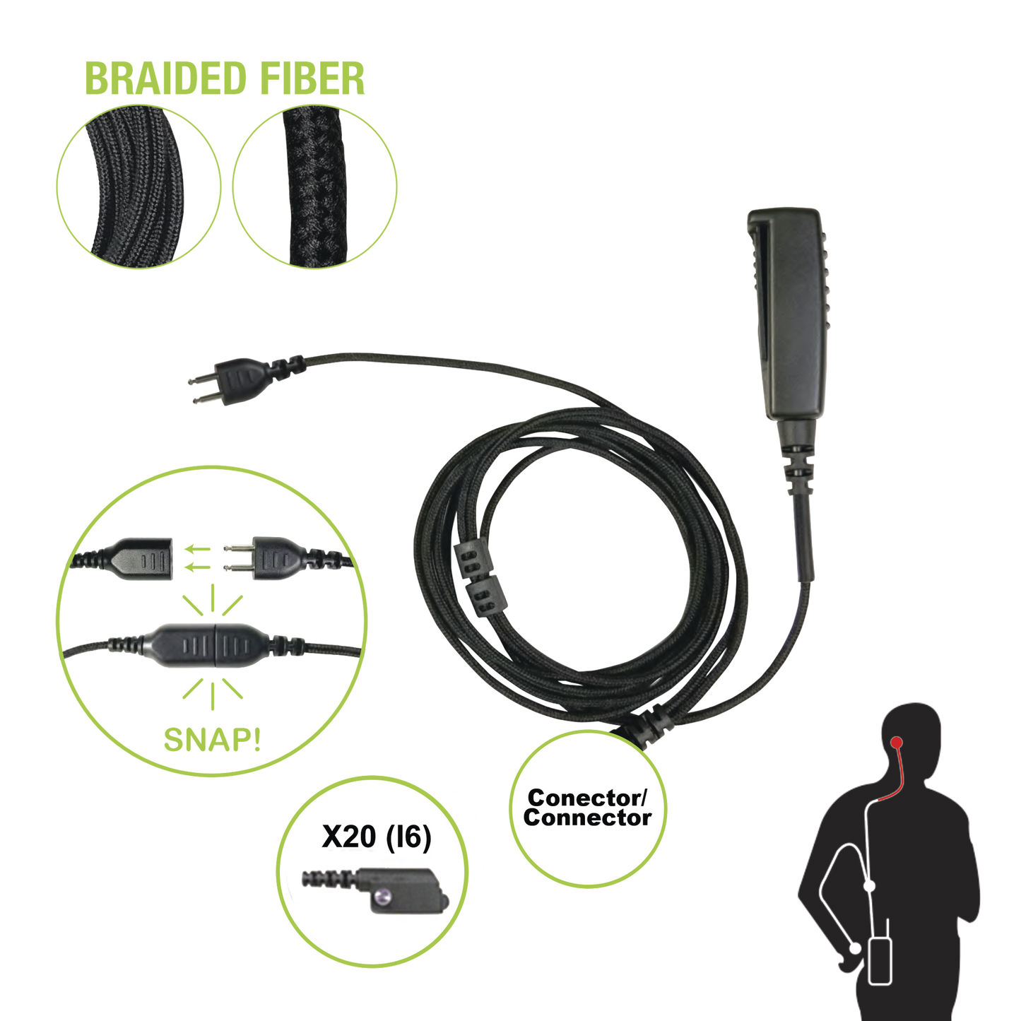 Cable para Micrófono audífono SNAP intercambiable con conector para Radios Icom IC-F3216/4261DS/DT, IC-F52D/62D, IC-F3400/4400DS/DT