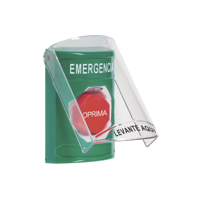 botón Multipropósito, Color Verde, De Superficie, Con Tapa De Policarbonato, Con Bocina Pre Alarma, Solo Interior, Llave Para Restablecer, Texto De Emergencia, Español