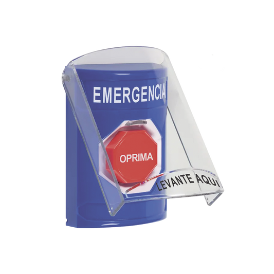 Botón Multipropósito, Color Azul, De Superficie, Con Tapa De Policarbonato, Con Bocina, Para Interior, Llave Para Restablecer, Texto De Emergencia, Español