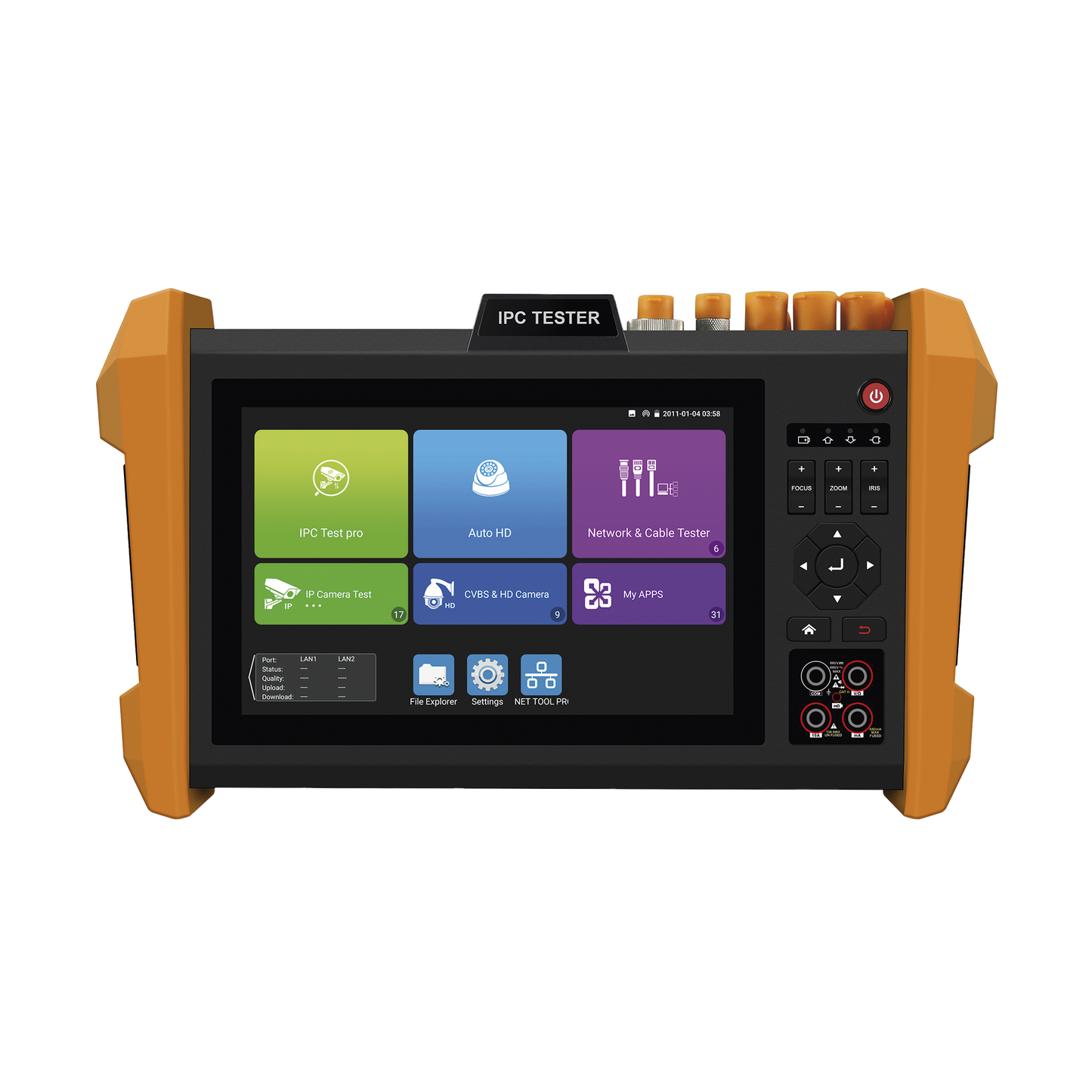 Probador de Vídeo con Pantalla LCD de 7" para IP ONVIF / 8MP TVI + 8MP CVI + 8MP AHD + SDI/EX???SDI + Multímetro + Cable TDR / Prueba de Red de Fibra Óptica + Medidor de Distancia Laser + Cámara Integrada