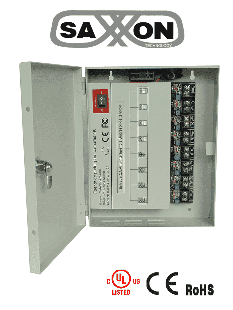 Fuentes De Energia/saxxon/psu1213d8h/fuente De Poder Profesional De 11 A 15 Vcd/ 13 Amperes/ Para 8 Camaras Hasta 4k/ 1.6 Amperes Por Canal/ Proteccin Contra Sobrecargas/ Filtro De Ruido Por Canal/