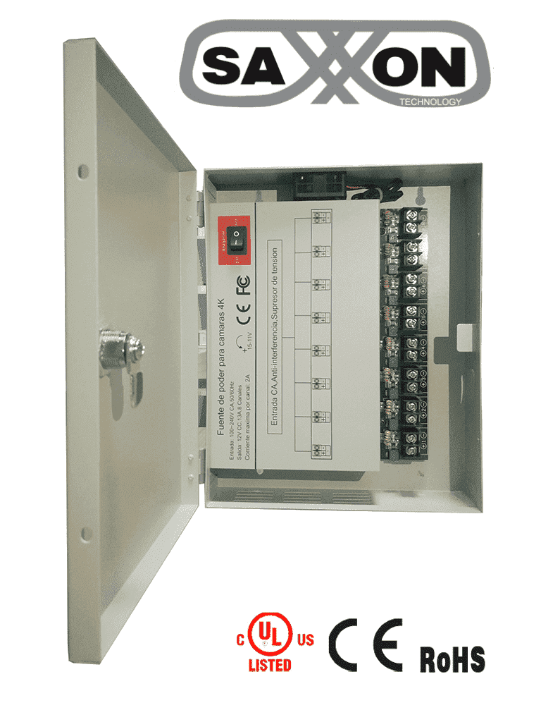 Fuentes De Energia/saxxon/psu1213d8h/fuente De Poder Profesional De 11 A 15 Vcd/ 13 Amperes/ Para 8 Camaras Hasta 4k/ 1.6 Amperes Por Canal/ Proteccin Contra Sobrecargas/ Filtro De Ruido Por Canal/