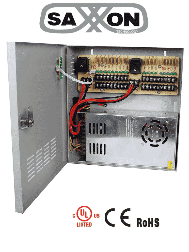 Fuente De Poder Saxxon 12v Cd/ 30 Amperes/ Distribuidor Para 18 Cámaras/ 1.65 Amperes Por Canal/ce/ Fcc/ Certificacion Ul