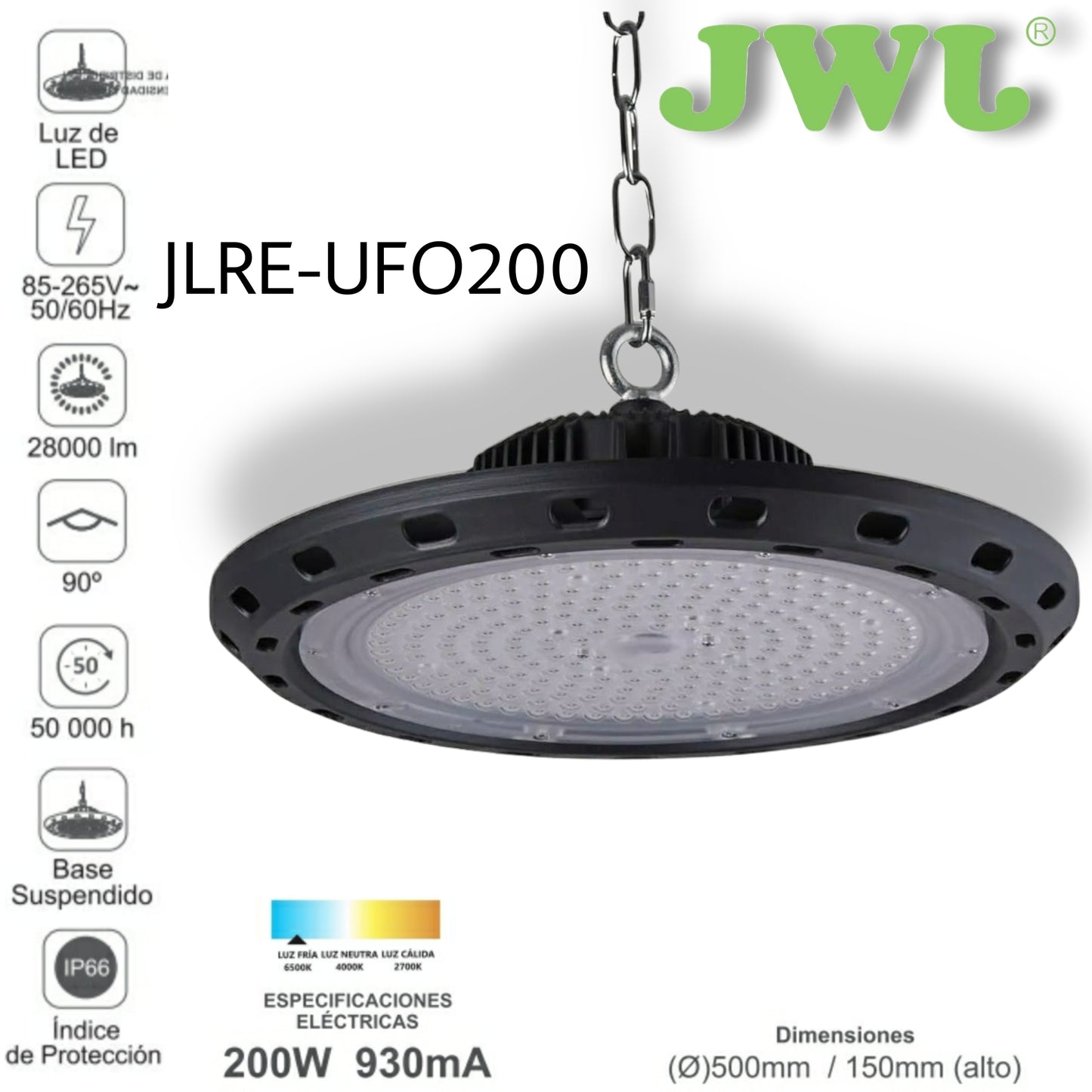 Campana Led Industrial UFO / 200 W / Suspendido / 85 - 265 V CA / Luz Fría 6500 K.