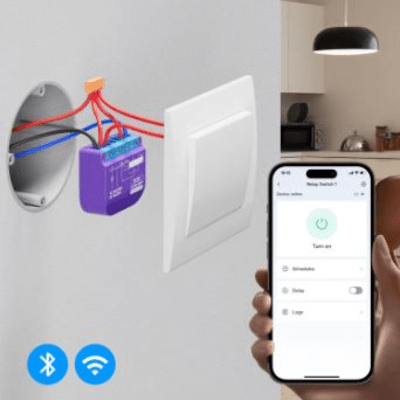 Switch Relevador Inteligente conectividad inalambrica Wifi y BLE / Salida Contacto Seco / Compatible con asistentes de voz / Dimensiones 42x36x16 mm