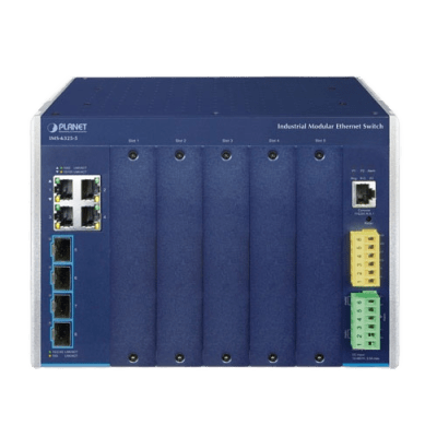 Switch Modular Industrial Capa 3 / 5 Slots / 4 Puertos Gigabit RJ45 / 4 Puertos SFP+ 10G / Rango de Temperatura -40~75°C / Entrada de Potencia Redundante 12-48V / Soporte IPv6/IPv4