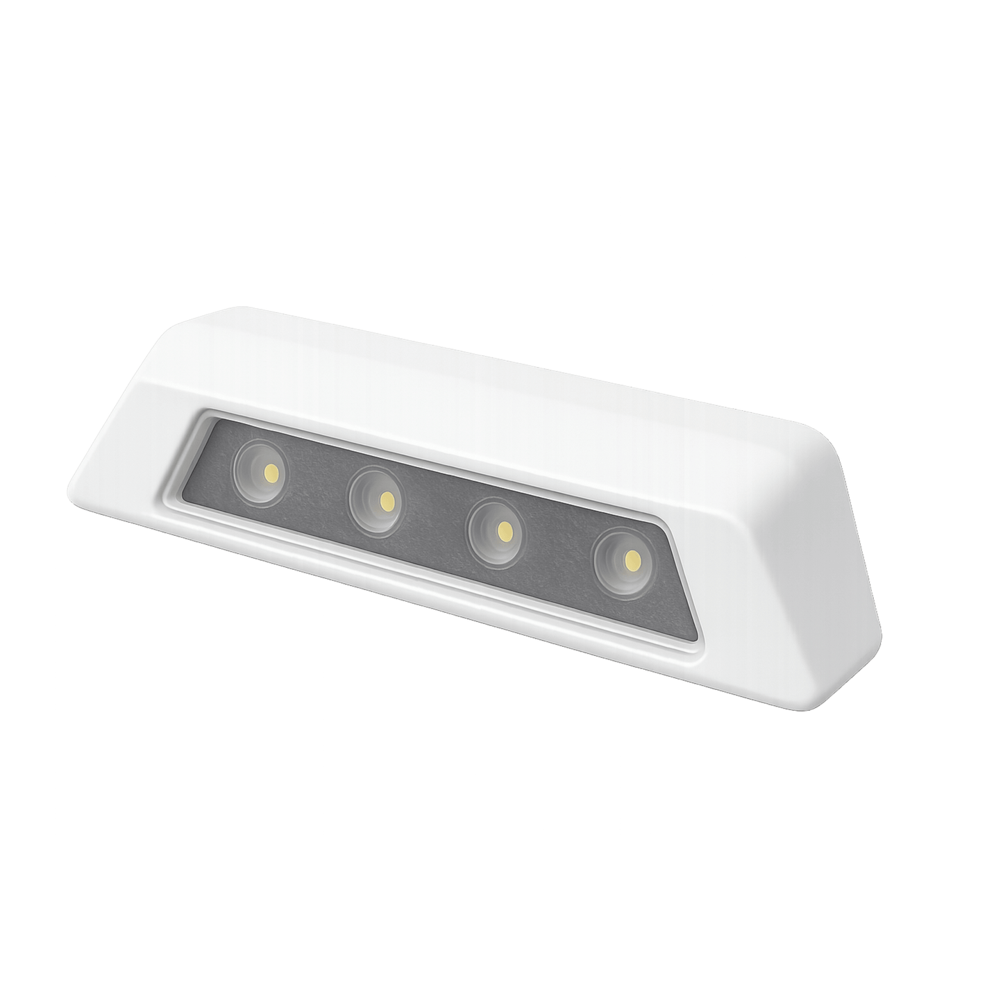 Luz de escena, 4 LED, bisel blanco, 12–24VCD, LED blanco y lente transparente