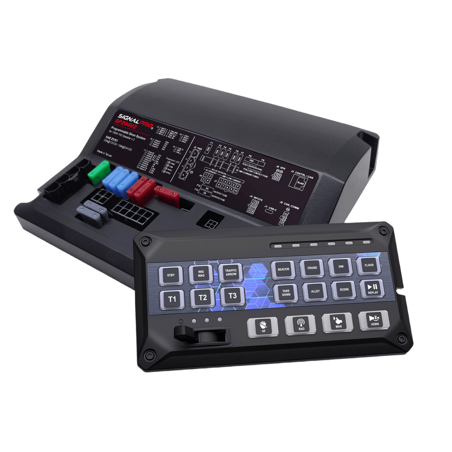 Sirena Vehicular de 200W de Potencia, Con Controlador de Panel Deslizante de 19 botones, indicador de flecha de tráfico de 6 LED, 12 Salidas Auxiliares