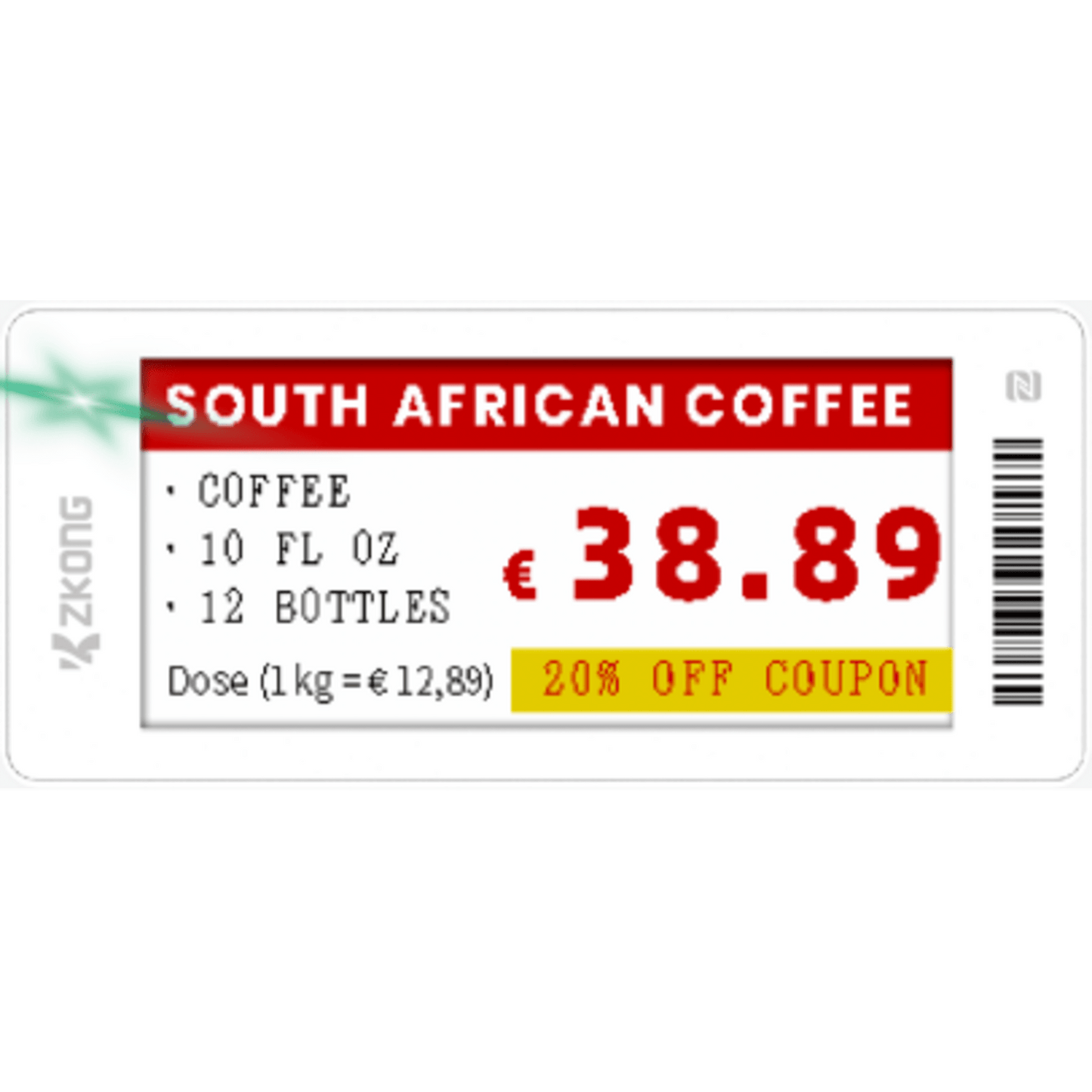 Etiqueta Electrónica de Estantería ZKE29B / Pantalla EPD Gráfica 2.9 Pulgadas / Resolución 296x128 Píxeles / 4 Colores (Negro Blanco Rojo Amarillo) / BLE 5.0 con Encriptación AES-128 / Batería 5 Años