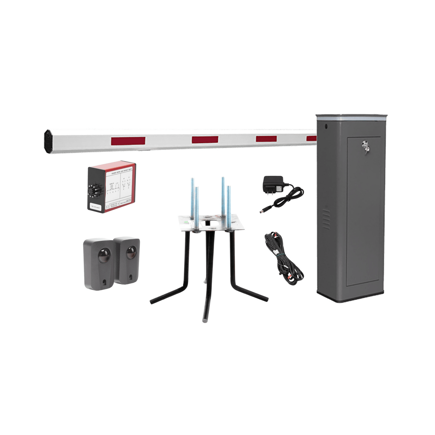 Kit COMPLETO Barrera Izquierda XBF Con Corona LED / Brazo de 3M / Incluye Sensor de Masa, Transformador, Lazo Magnético, Ancla, Fotoceldas y 2 Controles Inalámbricos