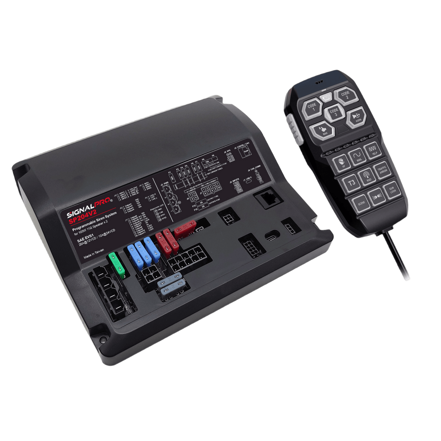 Sirena Vehicular de 200W de Potencia, Con Controlador Unimando de 15 Botones Para Control de Tonos, 12 Salidas Auxiliares y Micrófono