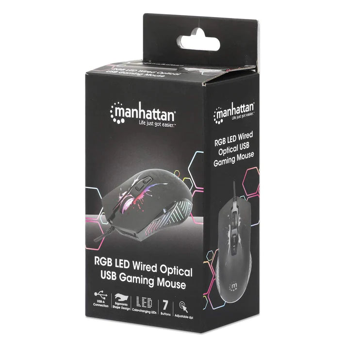 Mouse Optico Gaming, Manhattan, 190220, 7 Botones, 7200 Dpi, Led Rgb, Negro